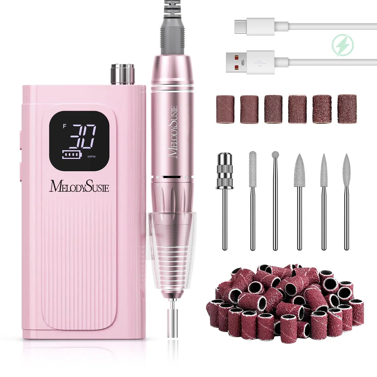 MelodySusie SC300F Aufsteckbarer Nagelfräser, Wiederaufladbare Elektrische Nagelfeile 30000 U/min, mit LCD-Display, Verstellbarer Geschwindigkeit, für Acrylnägel Gelnägel, für Salon & Zuhause