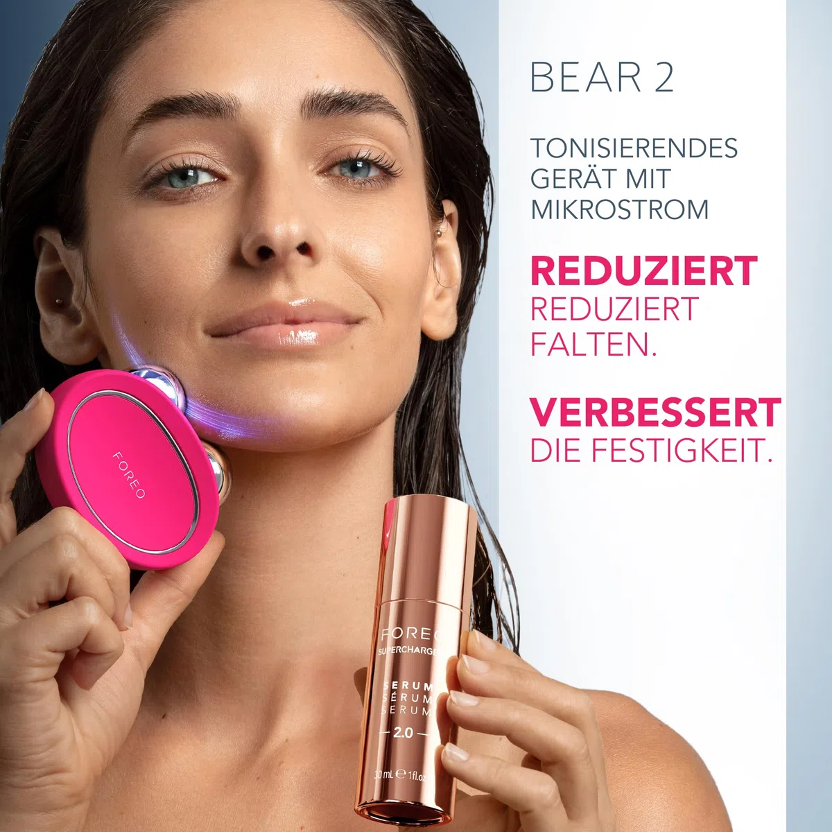 FOREO Total Facelift Set - BEAR 2 Fuchsia Mikrostrom-Gesichtsmassagegerät + SUPERCHARGED SERUM 2.0 30 ml + SUPERCHARGED HA+PGA Intensive Feuchtigkeitspflege mit 3X Wirkung 50 ml - Anti-Aging