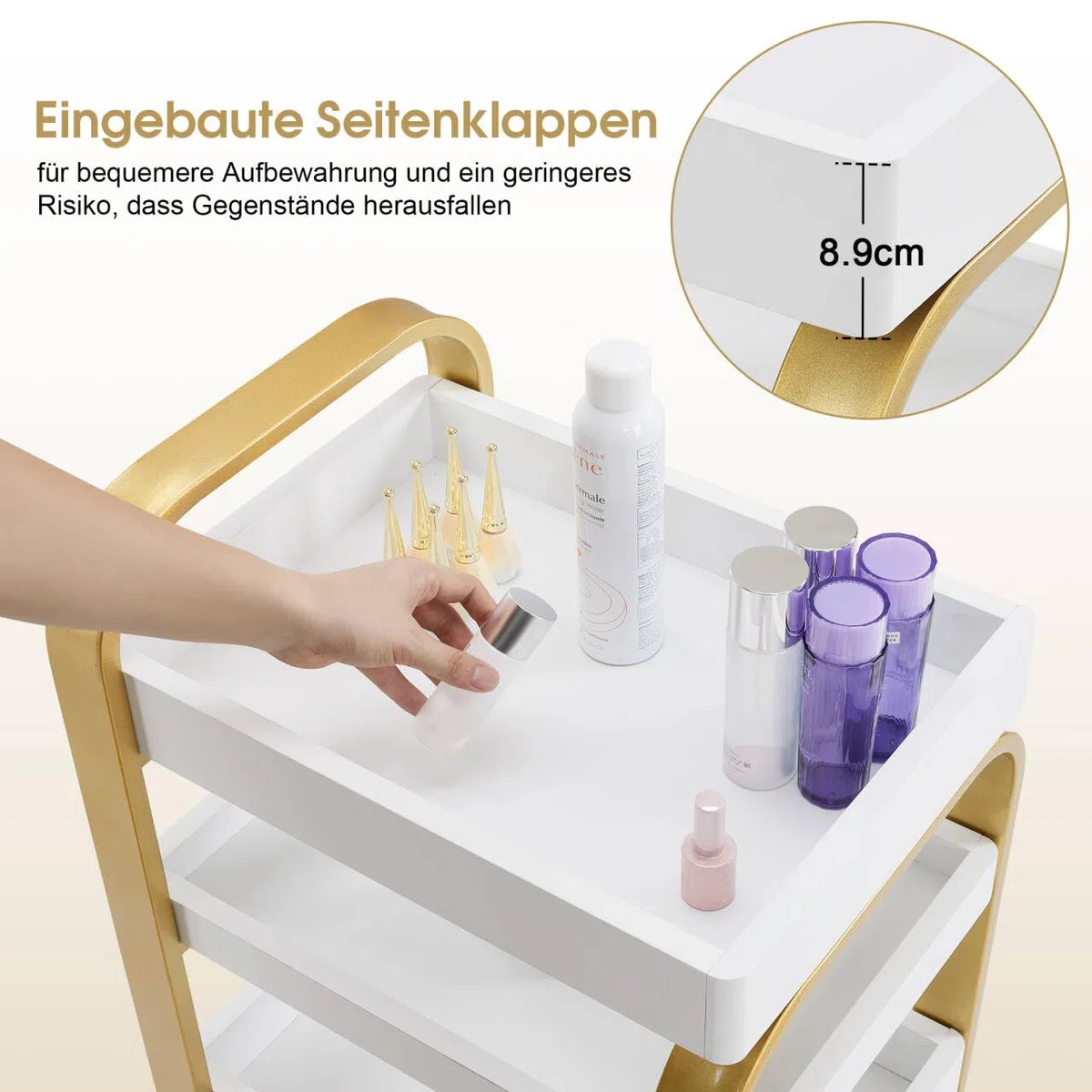 Rollwagen Servierwagen 3-stufiger Stylisten Kosmetikwagen mit Rollen Arbeitswagen Kosmetik Moderner Arbeitswagen für Bad Wohnzimmer Beauty SPA Wagen Gold