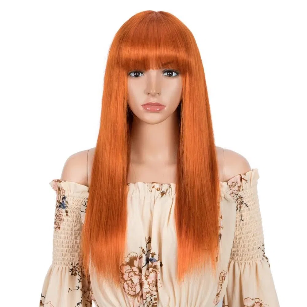 Haarpflege Ingwerorange Lange Gerade 100% Echthaar-Perücken Mit Pony Für Frauen Farbige Leimlose Perücke