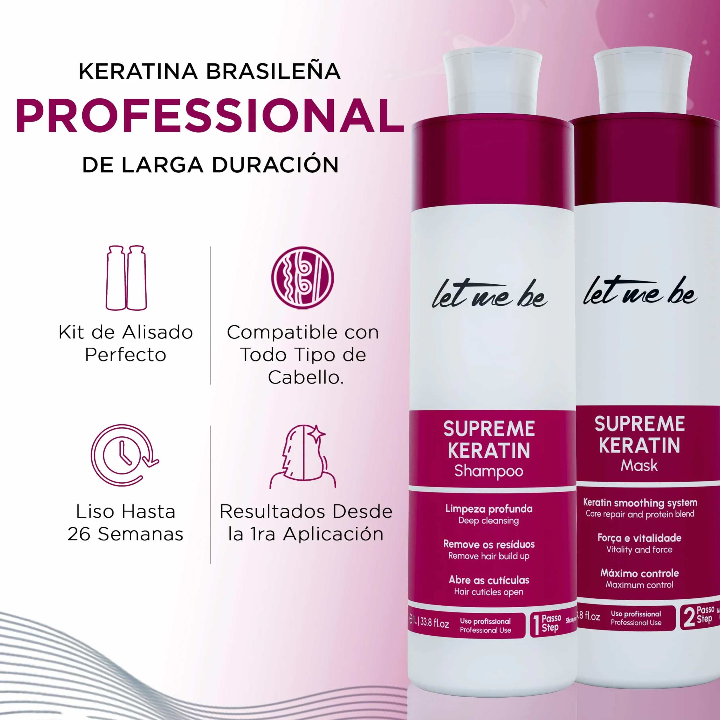 Let Me Be – Supremeliss Mask Keratin Straightening Kit, 2 in 1, Anti-Rückstände-Shampoo und Maske, Tiefenreinigung und 100% brasilianische Glättung, langanhaltend (2 x 500 ml)