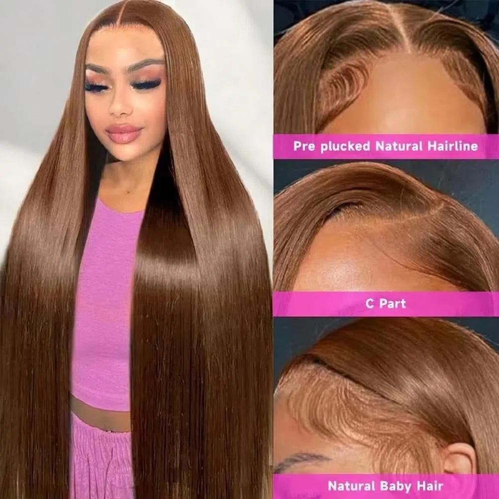 Haarpflege Schokoladenbraune Gerade Perücke 13 X 4 Spitzenfront Echthaar Vorgezupft Mit Babyhaar(18inches)