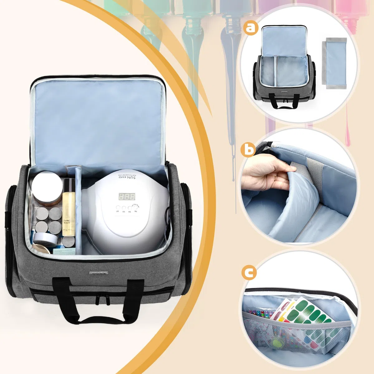 BAFASO Nagellack Aufbewahrung Tasche, Nagellack Tasche Groß Organizer | Kosmetiktasche für 80 Flaschen Nagellack (BIS ZU 15 ML), Nageltrockner und Nagellack Zubehör Set, Grau