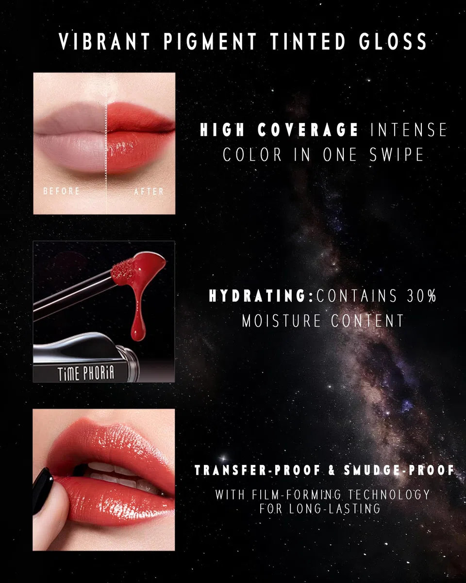TIMEPHORIA STELLAR DUST LIP STAIN-Long Lasting, wasserdicht und transferproof Lip Tint, glänzendes Finish, leichter Lipstick, hohe Abdeckung, lebendige Farbe (05 ELECTRA)
