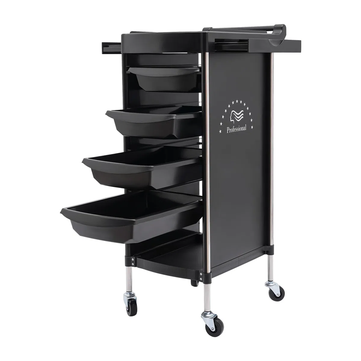 Friseurwagen mit 6 Stufen und Rollen, Friseurregal aus PP und Edelstahl - 50kg Traglast - Perfekt für Friseursalons und Schönheitssalons (Schwarz)