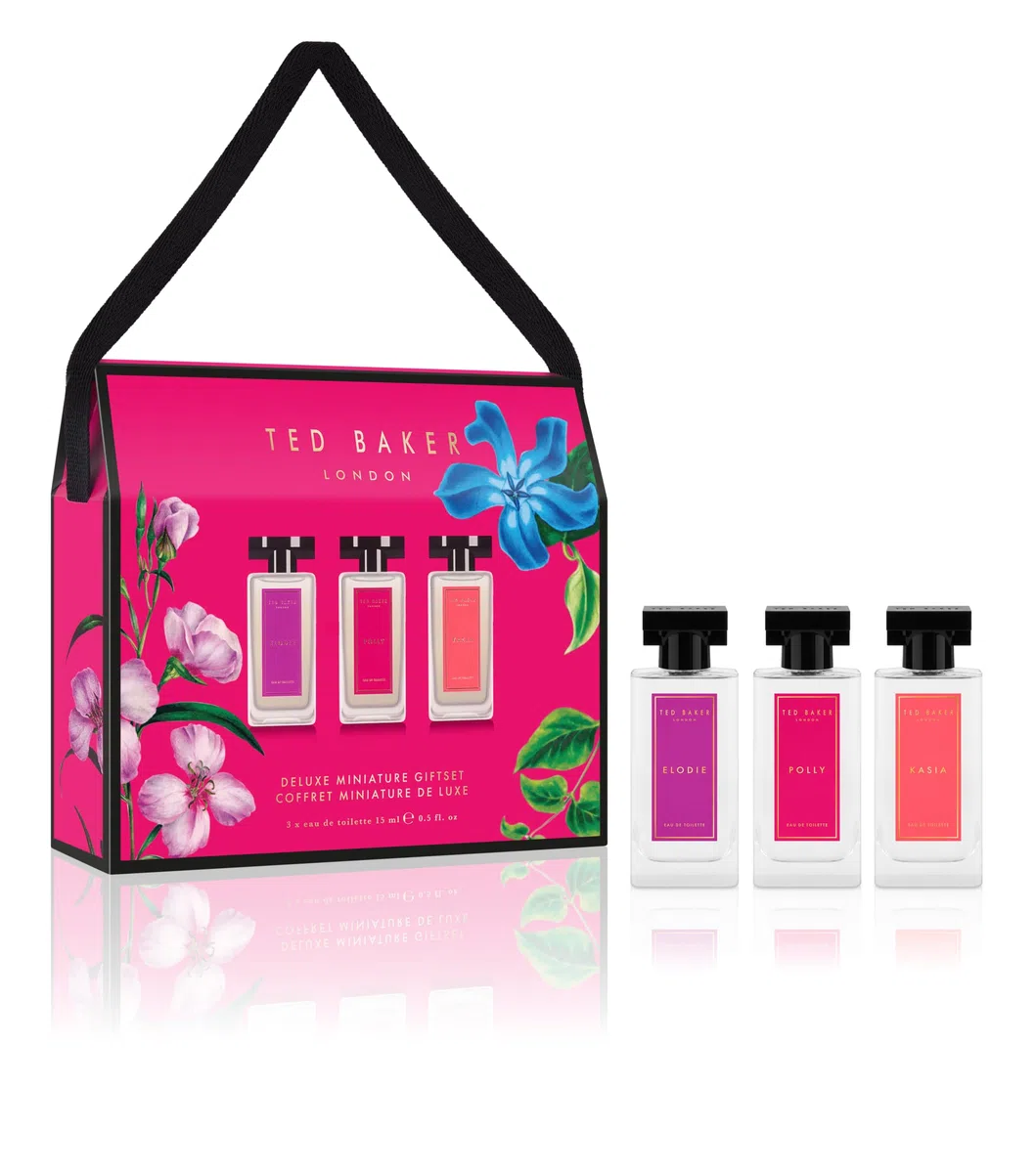 Ted Baker Miniatures Handtaschen-Geschenkset für Damen, 3 x 15 ml Eau de Toilette Elodie, Polly und Kasia, fruchtig-blumige und bernsteinfarbene Miniaturen in einer Deluxe-Handtaschenbox