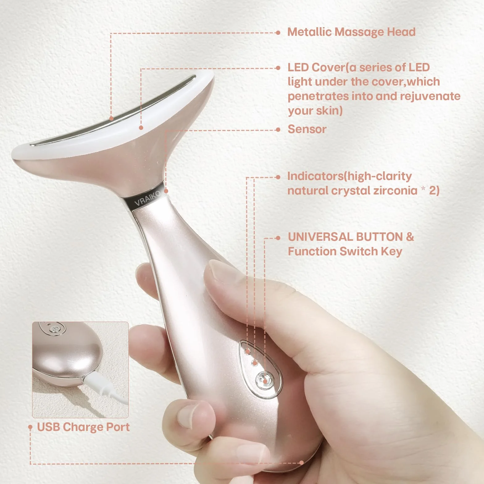 VRAIKO LILY Hals Gesicht Massagegerät Gesichtsformer Hautverjüngungsgerät mit Thermo, Triple Action LED und Vibration, für Anti-Aging, Lifting und Straffung schlaffe Haut (Roségold)