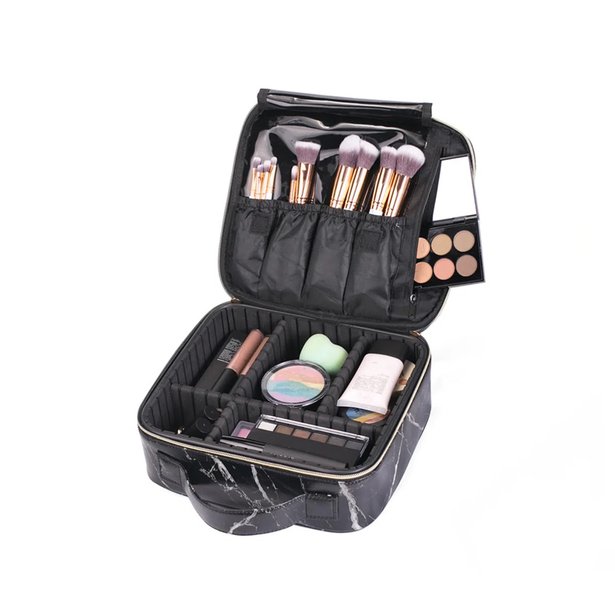 Ipetboom Reisekosmetikkoffer Marmor Design mit Verstellbaren Fächern Tragbarer Organizer für Make Up Pinsel Lippenstift Kosmetiktasche Handliches Beauty Case für Unterwegs
