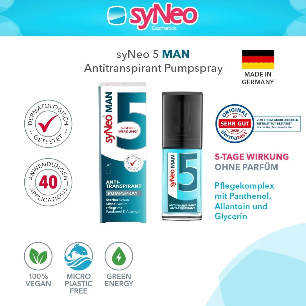 syNeo 5 MAN Antitranspirant Deo Pumpspray – 5-Tage-Wirkung – extra starker Schutz gegen Schwitzen, Schweiß & Geruch – Spray für Achseln – ohne Parfum – dermatologisch getestet – für Herren – 30 ml