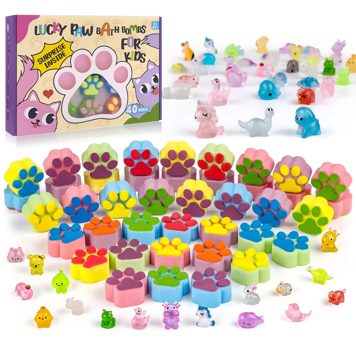 40 Stück Badebomben für Kinder mit Überraschung im Inneren, Large Number Kids Paw Shape Bath Bombs Gift Set, Natural Organic Kids Bubble Bath Fizzy for Girls Boys with Bath Toys Inside
