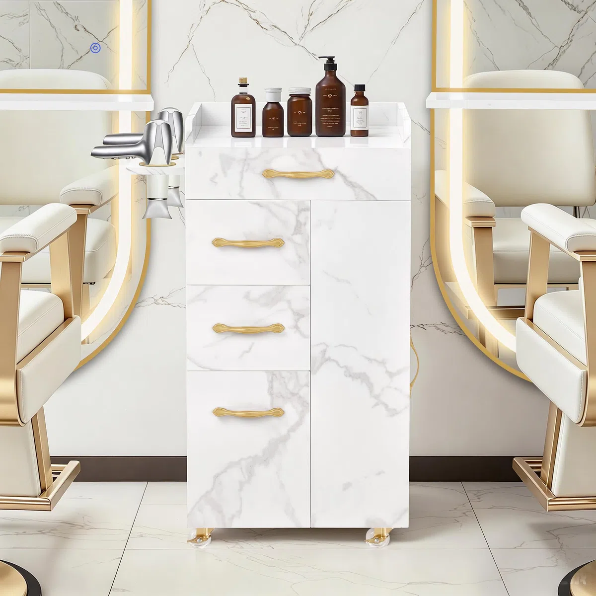 BarberPub Friseurwagen mit 3 Schubladen & 2 Schränken, Beauty Salon Trolley mit 3 Föhnhaltern, 39x58x90cm, Weiß-Gold