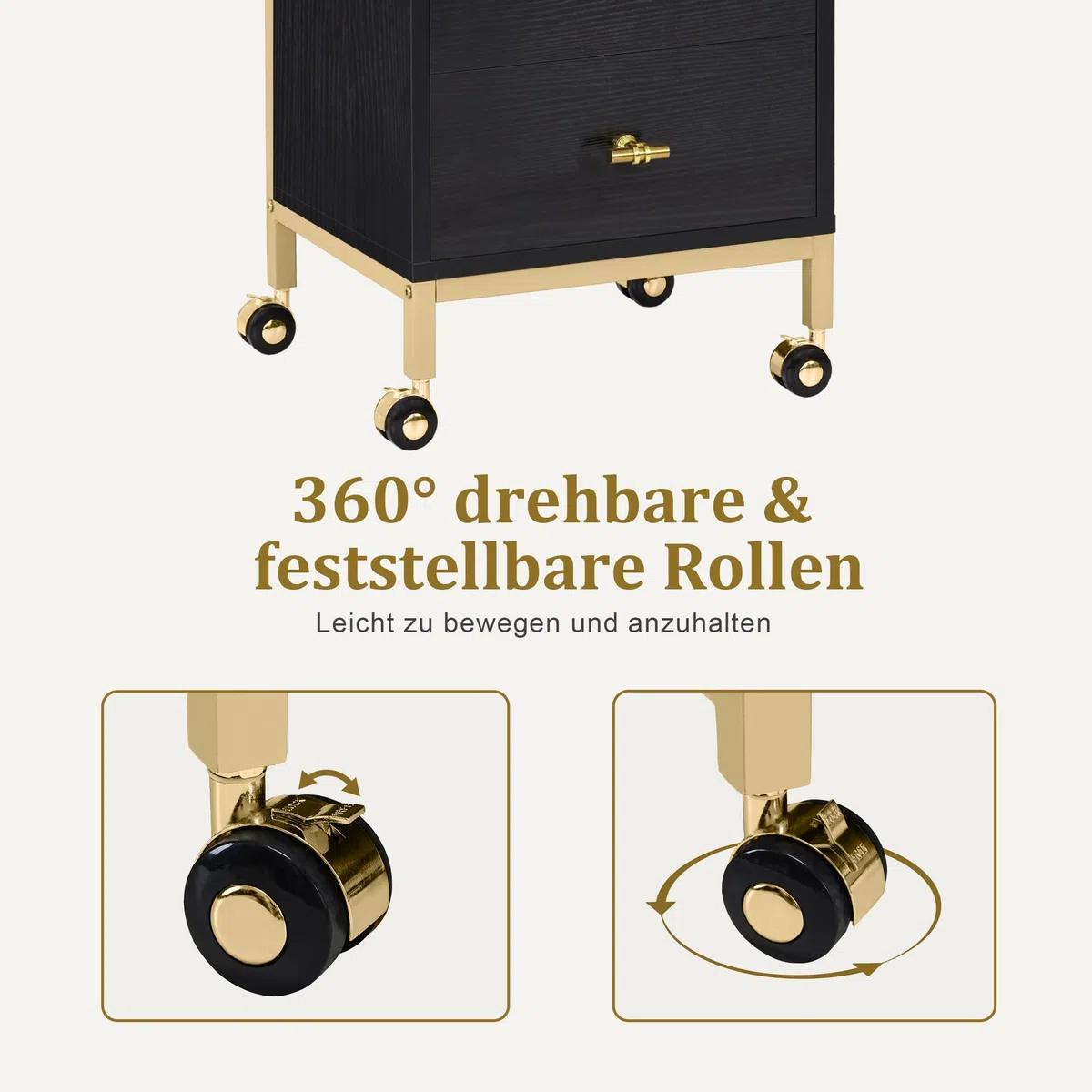 Barberpub Friseurwagen mit Rollen & 2 Schubladen, Salon Trolley mit 2 Ablagen & Föhnhalter, 32x37x87cm, Schwarz-Gold