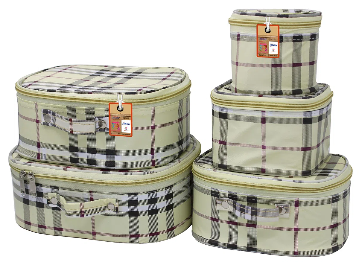 atorakushon Kosmetiktasche / Kulturbeutel, Stoff, kariert, 5 Stück, für Reisen, Kosmetikbeutel, Kleiderschrank, Organizer, Schmuckbeutel, Cream, Standard, Neu