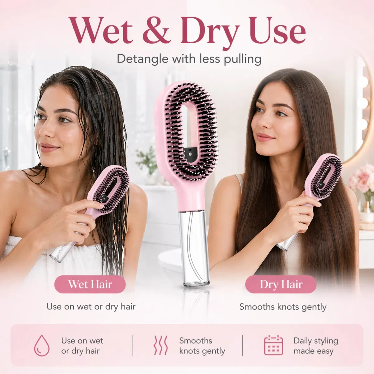 2-in-1 Misting Haarbürste mit eingebautem Wasserspray, entwirrende nasse & trockene Haarbürste für lockiges/dickes Haar & Kinder, feiner Nebel Sprüher, nachfüllbares Reservoir, Anti-Frizz Portable