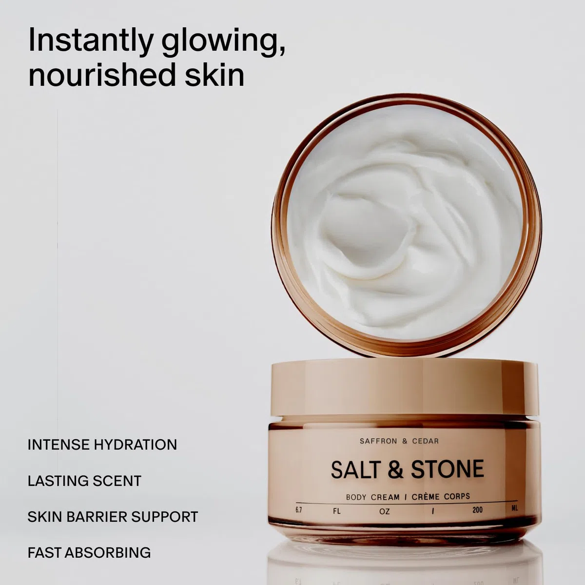 Salt & Stone Körpercreme, feuchtigkeitsspendende Formel mit Algenextrakten, Spirulina und Squalan, tiefe Hydratation, Unterstützung der Hautbarriere und gesunder Glanz, für alle Hauttypen, Safran und