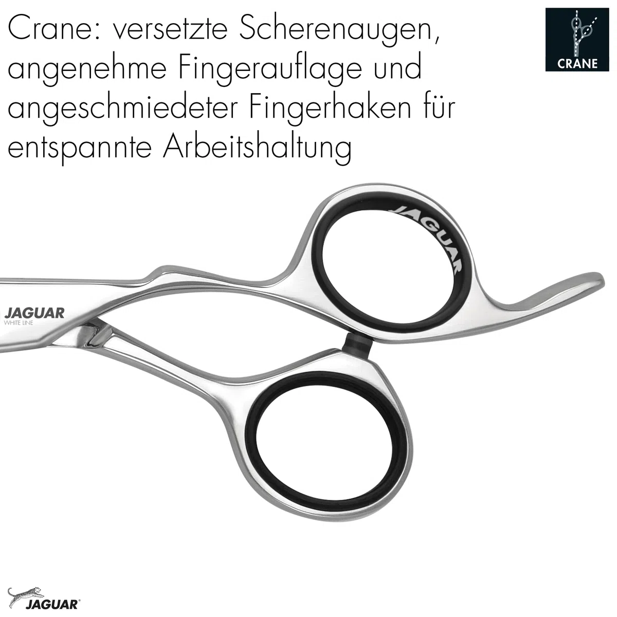 JAGUAR Haarschere HERA 6.25“ | ergonomische Griffstellung | Friseurschere im Crane-Design | angeschmiedeter Fingerhaken und abgerundetes Dolchblatt | poliert | Made in Germany