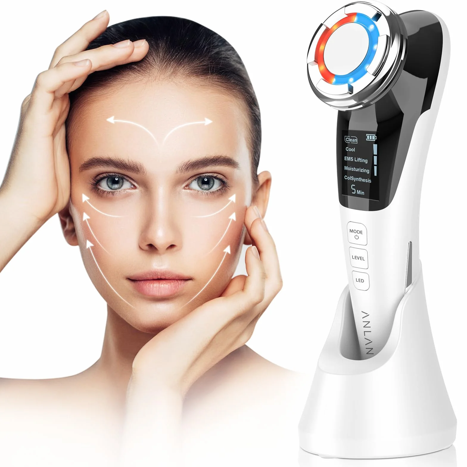 ANLAN 5 in 1 Gesichtsmassagegerät gegen Falten Rote und Blaue Lichttherapie EMS Heat Cool Vibration
