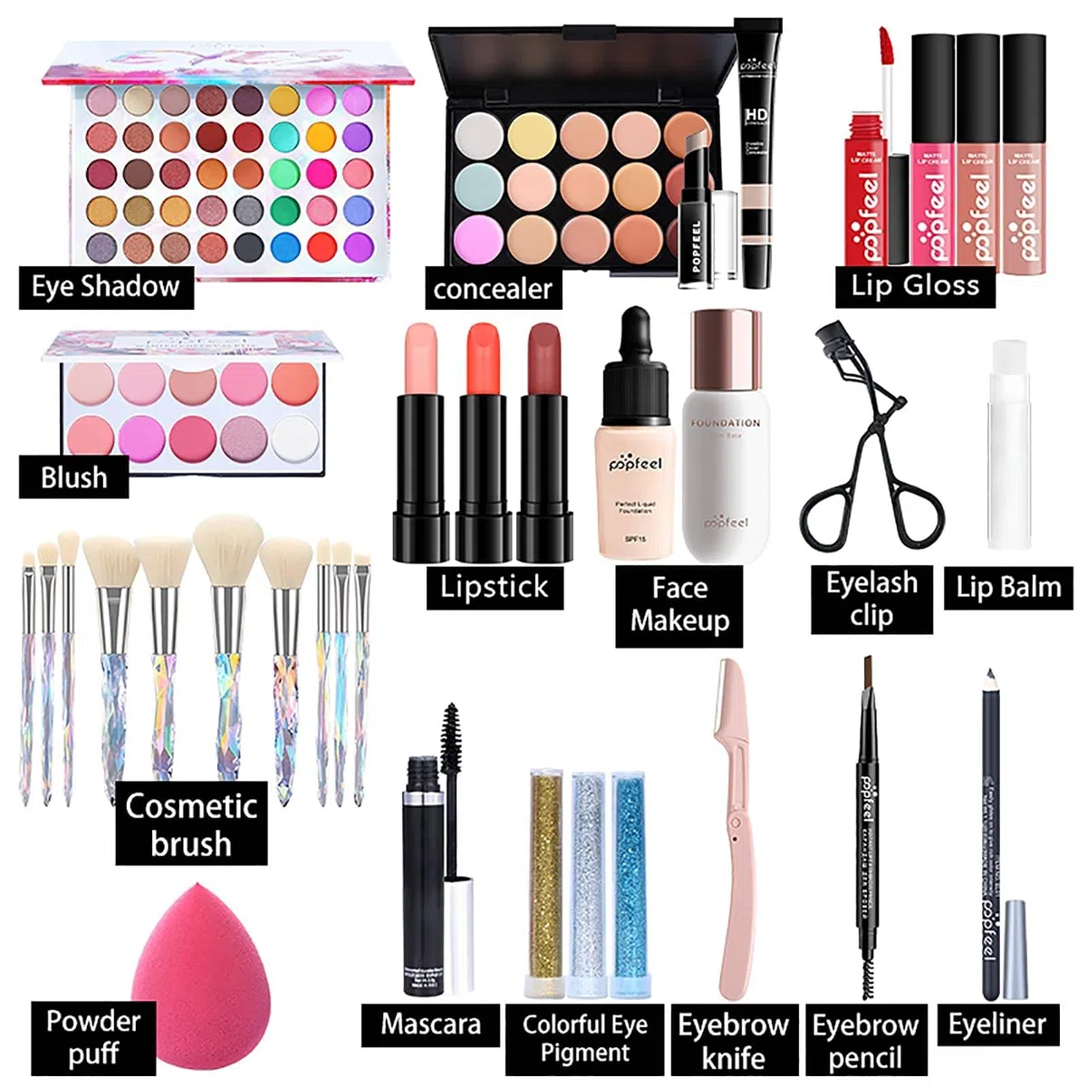 Komplettes Make-up-Set für Anfänger, Profis, All-in-One-Make-up-Set, Starter-Make-up-Bundle einschließlich Lipgloss, Lidschatten, Make-up-Pinsel usw., Kosmetik-Geschenkset für Mädchen und Frauen