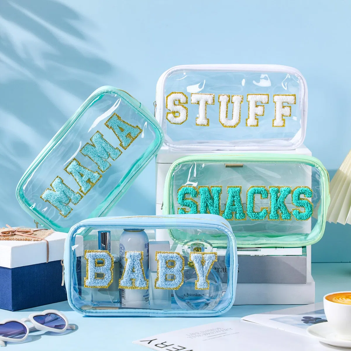 Kulturbeutel für Mama und Baby, transparent, Chenille, für Snacks, Make-up, Reisen, Wickeltasche, mit Reißverschluss, 4 Stück, Frische Farbe