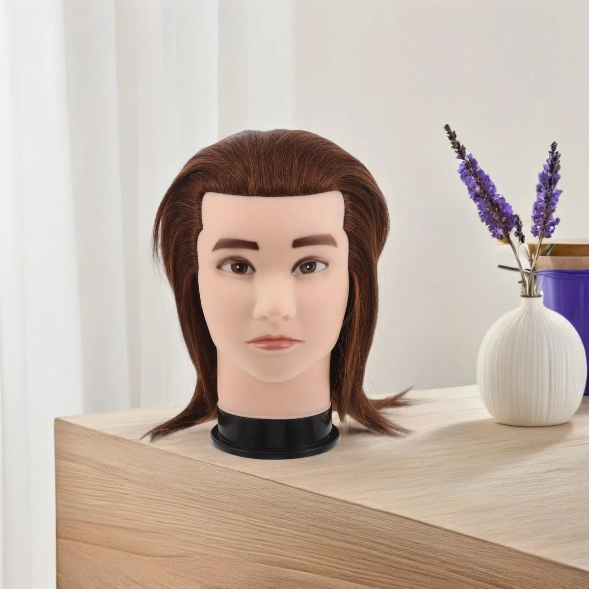 Housoutil Übungskopf mit Echthaar für Friseurübungen Braun 25cm Männlicher Haar Stylingkopf für Bartpflege und Kosmetikschulung Herrenfrisur Tutorial