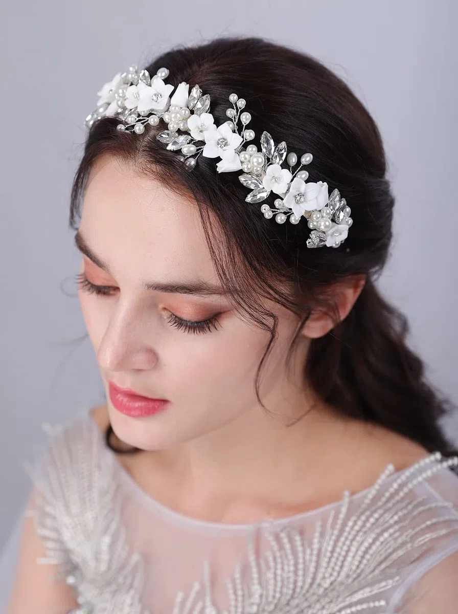JWICOS Blumen-Braut-Stirnband, silberfarbenes Diadem für Braut, Kopfschmuck für Hochzeit, Haarschmuck für Braut, Abschlussball, Fotografie