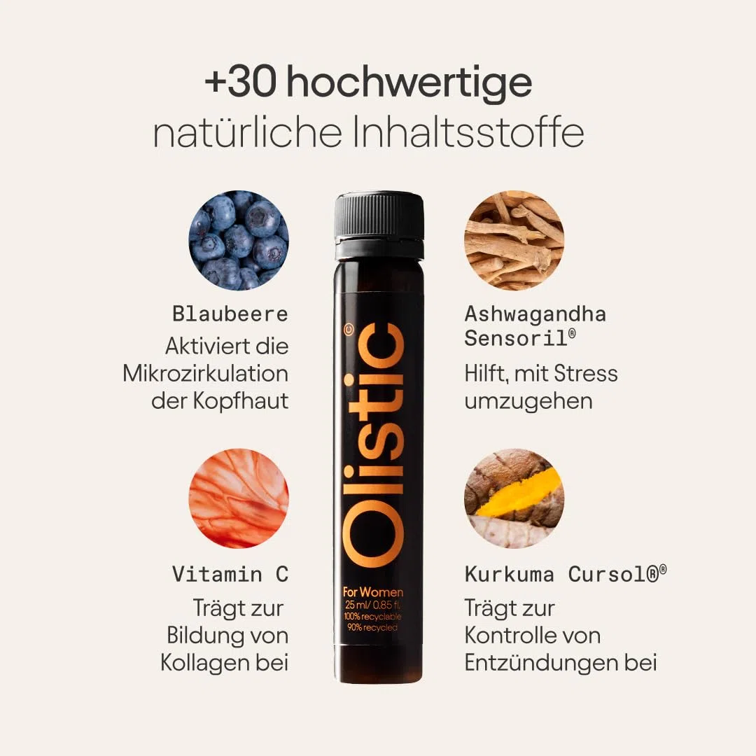 Olistic for WOMEN – 28 Vials für natürlich gesundes Haar - Wissenschaftlich entwickelt und in Europa hergestellt mit Komplex aus über 30 natürlichen, veganen Wirkstoffen inkl. Biotin