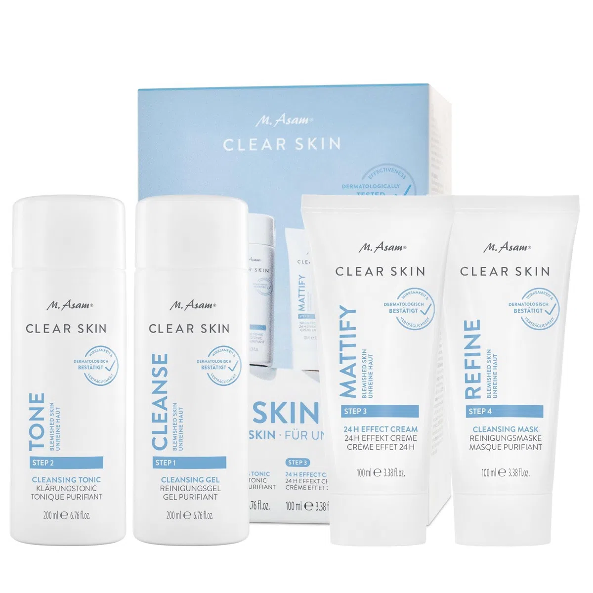 M. Asam CLEAR SKIN Set 4-teilig Anti Pickel Pflege reine Haut Waschgel Toner Maske Creme Porenreiniger Gesichtspflege