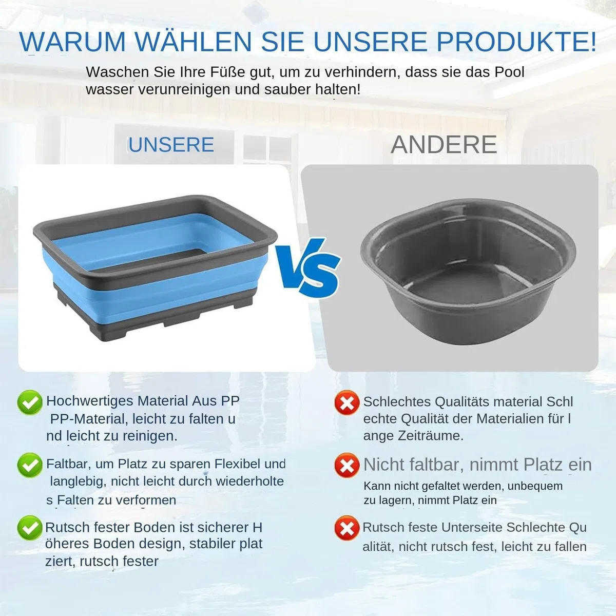 PoolFußbad, PoolFußwanne, Faltbare Fußbecken, Rutschfestes FußReinigungsbecken, Fußwanne für Poolleiter, Poolzubehör für Schwimmbecken/Whirlpools/Aufstellpools, PoolSauber Halten