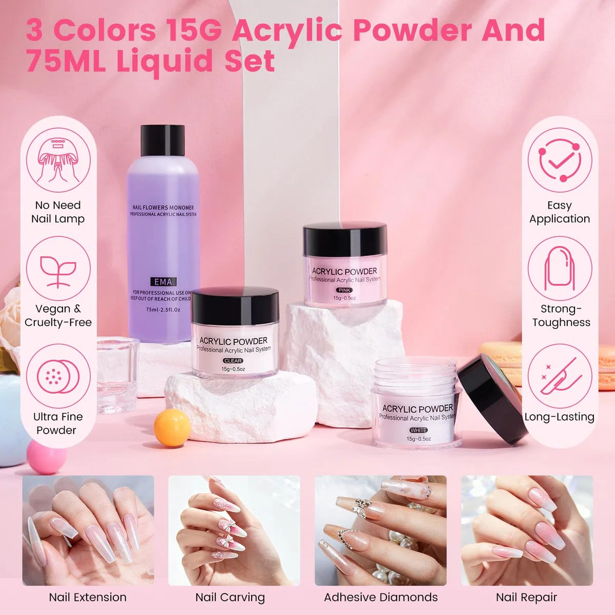 Acryl-Nagel-Set für Anfänger mit allem: Nagel-Acrylpulver-Flüssigkeitsset mit 3 Übungsfingern, Bohrer, UV-Lampe – Nagelkunst-Starter-Kits in rosa Tasche für Frauen, Mädchen, Zuhause, Salon, DIY