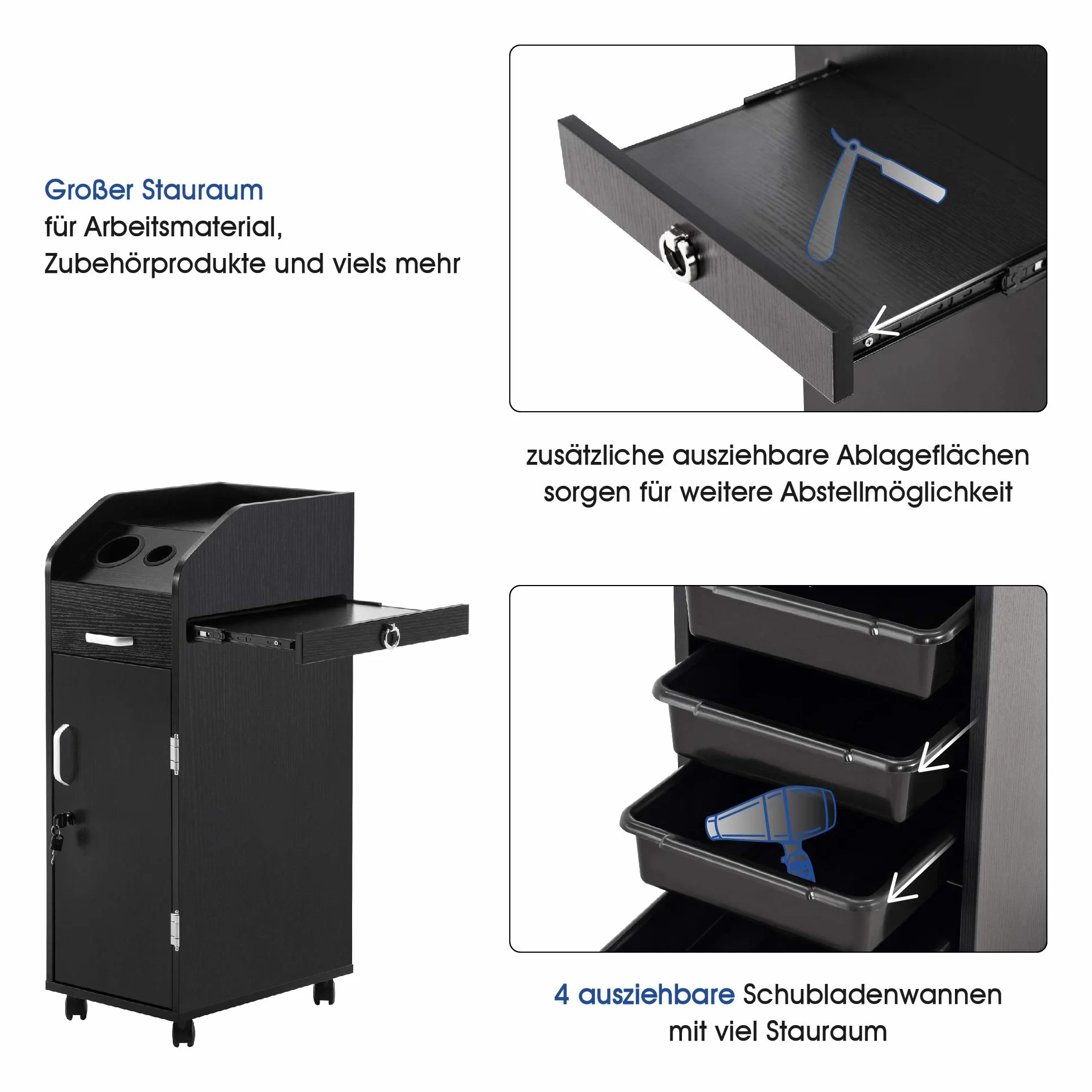 BarberPub Friseurwagen Kosmetikwagen Arbeitswagen Rollwagen Trolley Stapelboy 2011 (Schwarz)