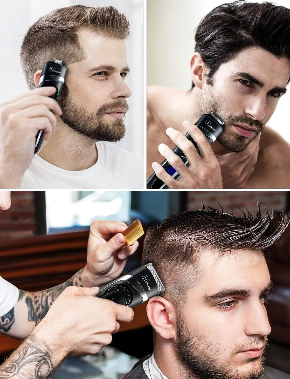 Hatteker Profi Haarschneidemaschine Haarschneider Herren Bartschneider Barttrimmer Haartrimmer Präzisionstrimmer Langhaarschneider Trimmer Männer Akku- und Netzbetrieb Wasserdicht 3 In 1