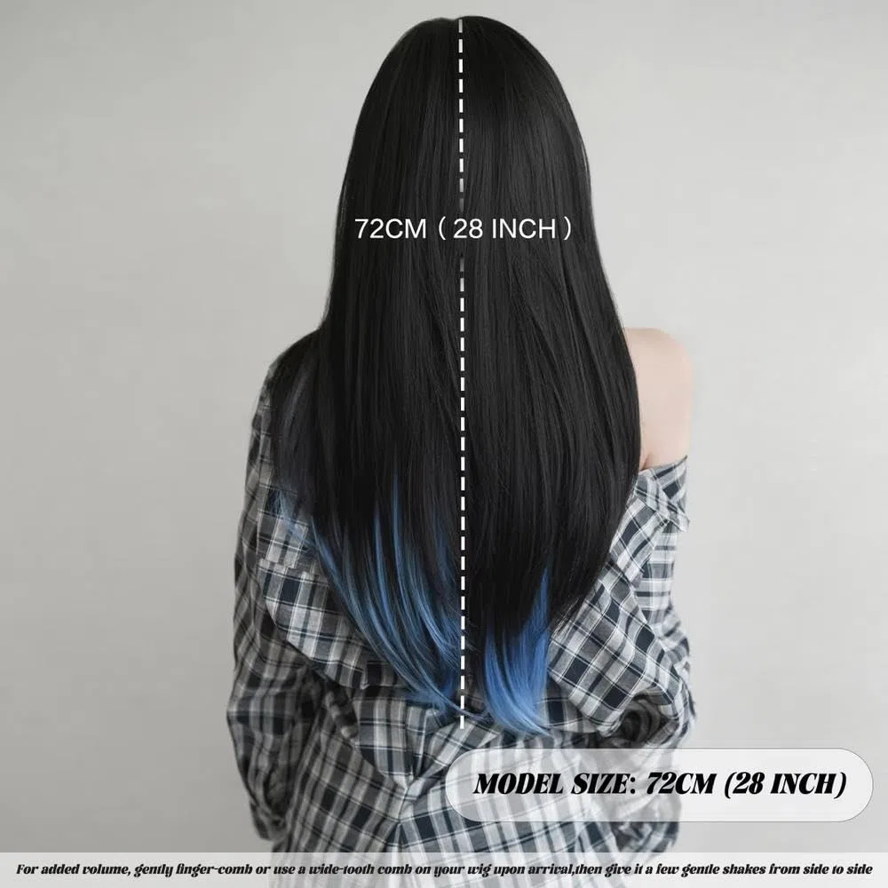 Haarpflege Lange Gerade Geschichtete Schwarze Blaue Perücke Für Frauen Bescheidene Wear and Go Perücken Mit Ordentlichem Pony