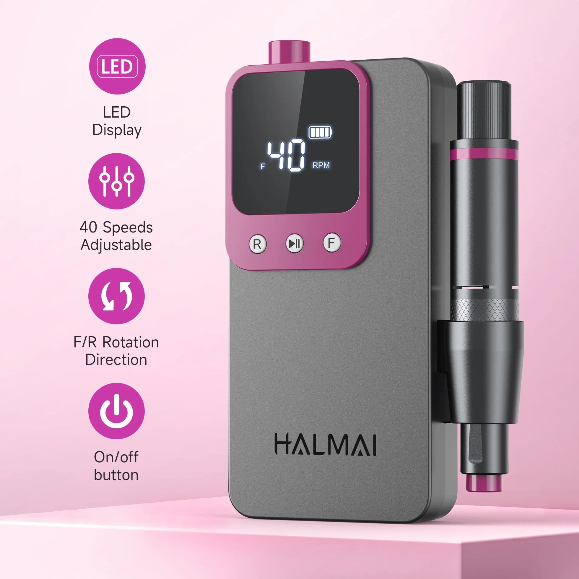 HALMAI Elektrischer Nagelfräser Professionell, Tragbare Nagelfeile für Acryl-Gel-Nägel, Kabelloses wiederaufladbares Nagelbohrer-Kit 40000RPM, HMC320 Salon-Grade Efeil-Nagelmaschine (Dunkelgrau)