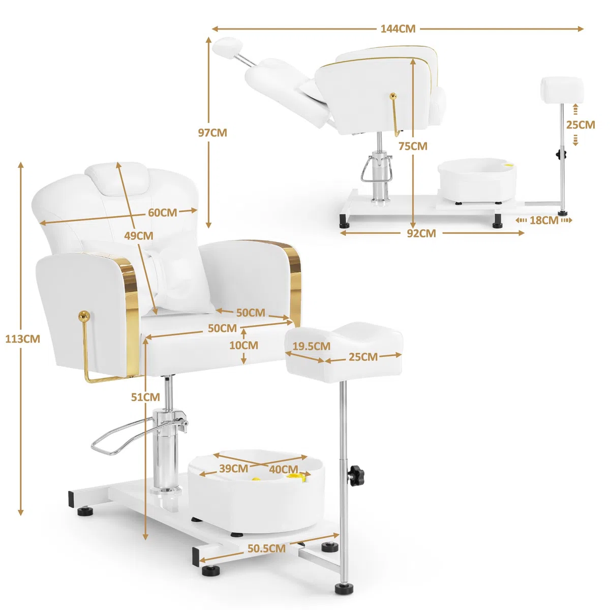 Barberpub Pediküre Stuhl mit Fußbadewanne & Hocker, Höhenverstellbar & Kippbar, Fußpflegestuhl für Nagelstudio Retro Gold-Weiß