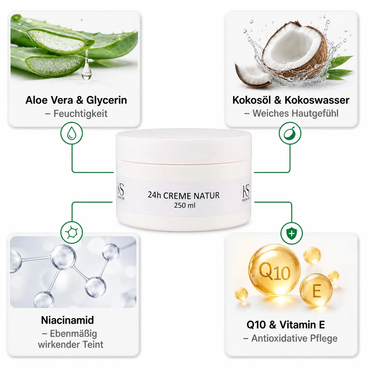 KS Beauty 24h Creme Natur – Tages- & Nachtcreme mit Aloe Vera, Kokosöl, Q10, Niacinamid & Vitamin E (250 ml)