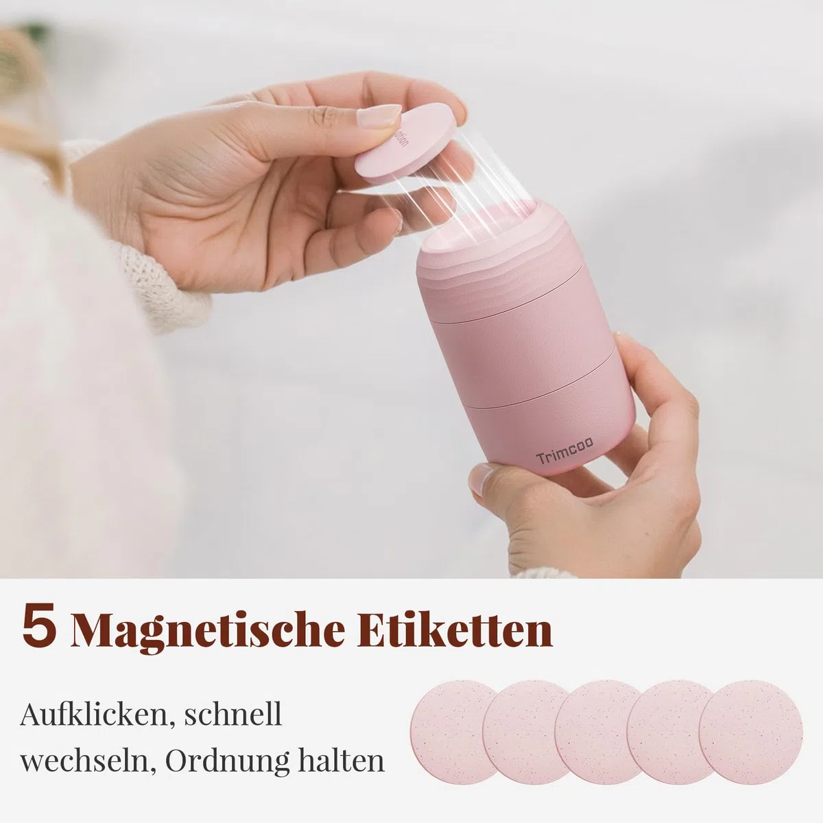 Reise-Toilettenbehälter auslaufsicher, TSA-zugelassene Reisebehälter aus PLA mit 5 magnetischen Etiketten, Weithals-Design, Rosa, 3er Set, 60 ml