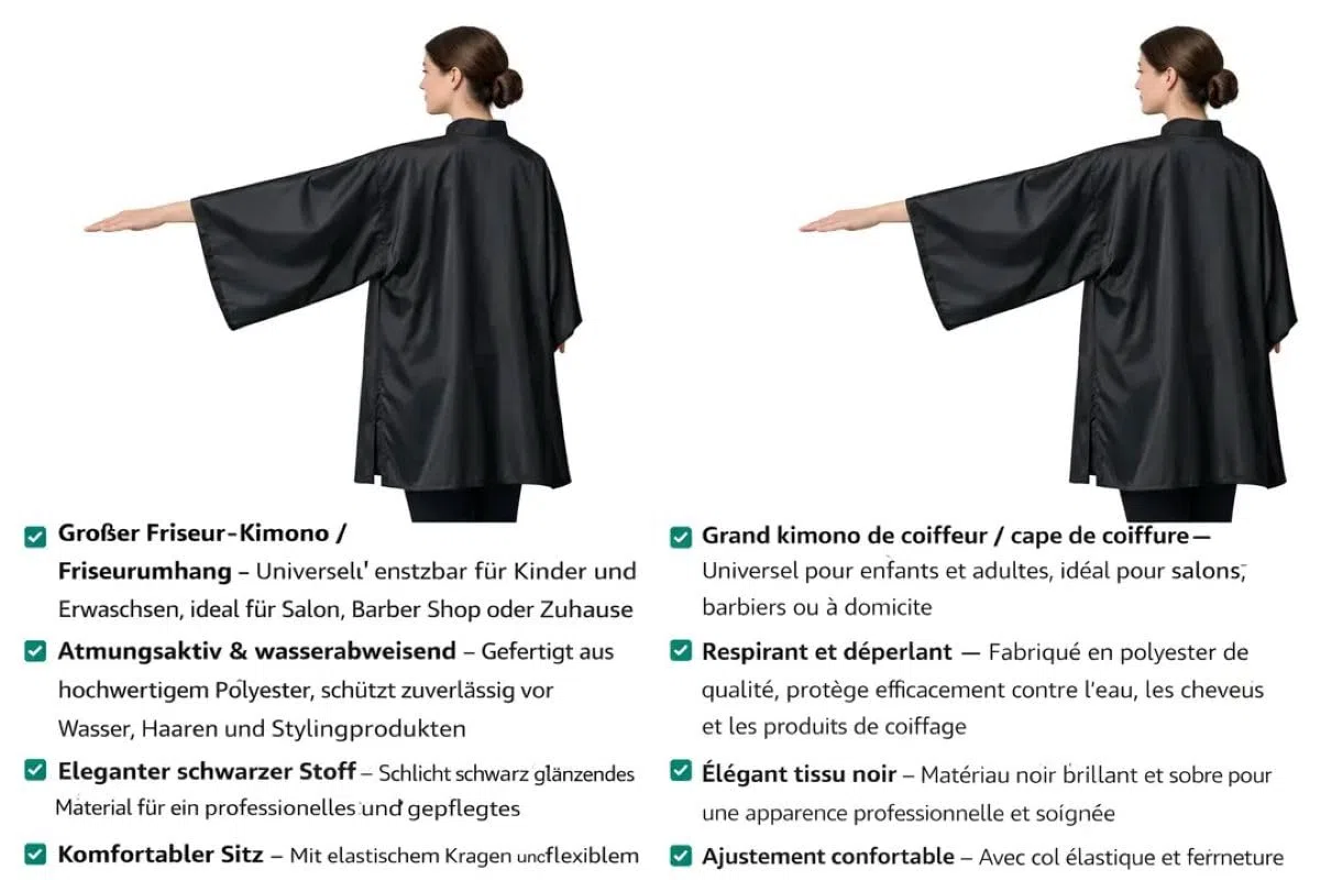 IC-collection Friseur Kimono Kittel mit Ärmeln – Großer Friseurumhang aus atmungsaktivem, wasserabweisendem Polyester, Profi-Arbeitskittel für Salon & Barber, Schwarz