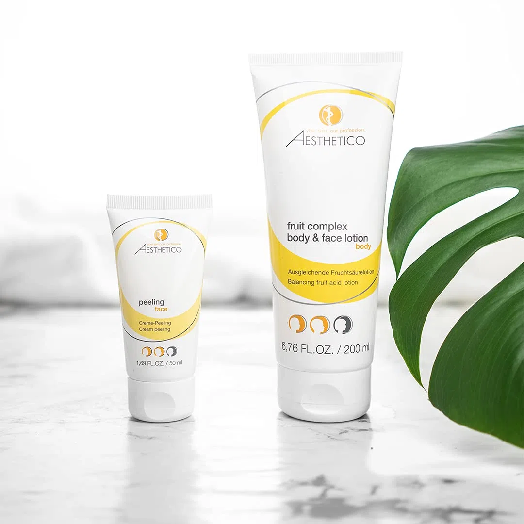 AESTHETICO fruit complex body & face lotion, 2 x 200 ml | Fruchtsäurelotion für Gesicht und Körper, glättet unreine und reife Haut, mit Weihrauch, Hyaluronsäure und Urea