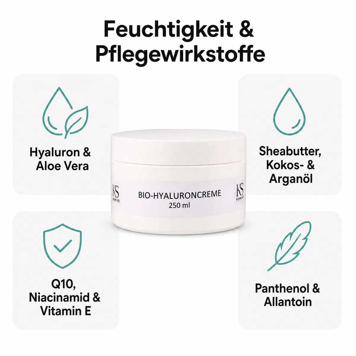 KS Beauty Bio Hyaluroncreme, Tages- & Nachtcreme für trockene Haut, 250 ml | Reichhaltige Feuchtigkeitscreme mit Hyaluronsäure, Q10, Niacinamid & Aloe Vera – dermatologisch getestet, Made in Germany