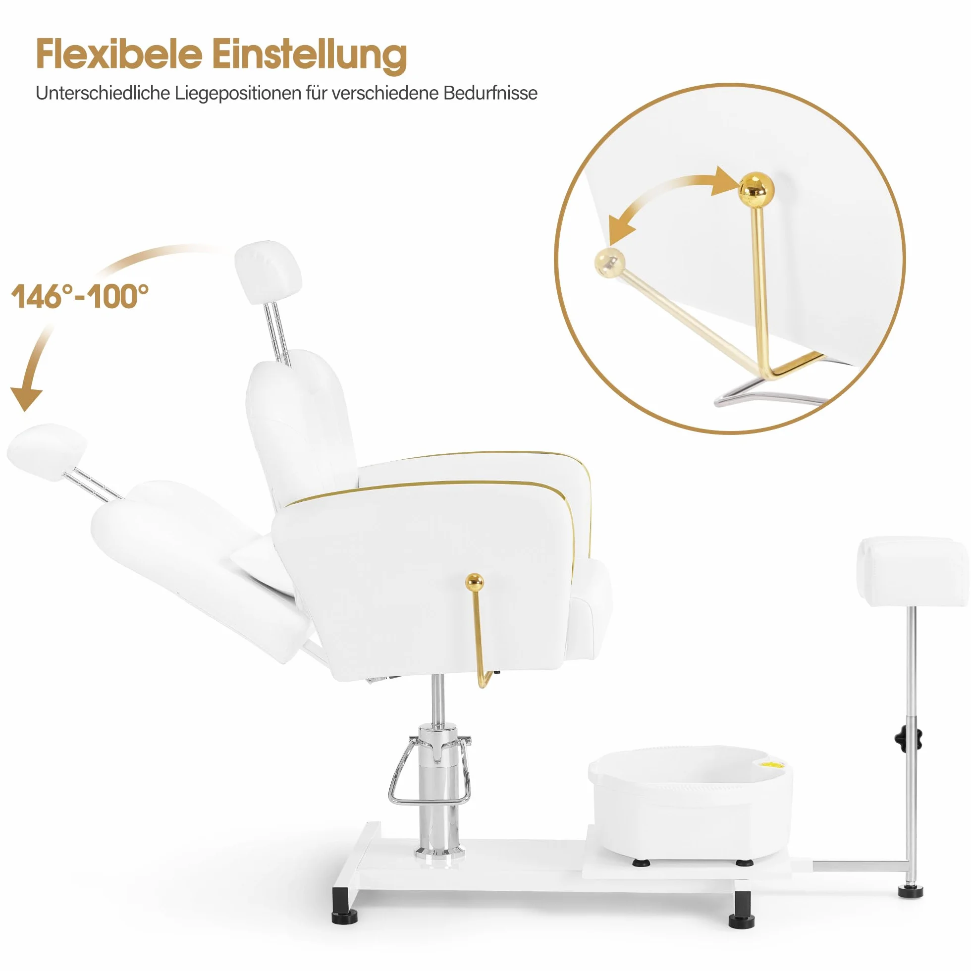 Barberpub Pediküre Stuhl mit Fußbadewanne & Hocker, Höhenverstellbar & Kippbar, Fußpflegestuhl für Nagelstudio Retro Gold-Weiß