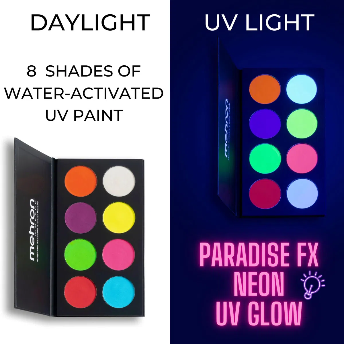 Mehron Paradise Make-up AQ 8 Color (Neon UV Glow) | Magnetische nachfüllbare Körperfarben- und Gesichtsfarben-Palette | Professionelle Schminke für Kostüme, SFX, Halloween & Cosplay
