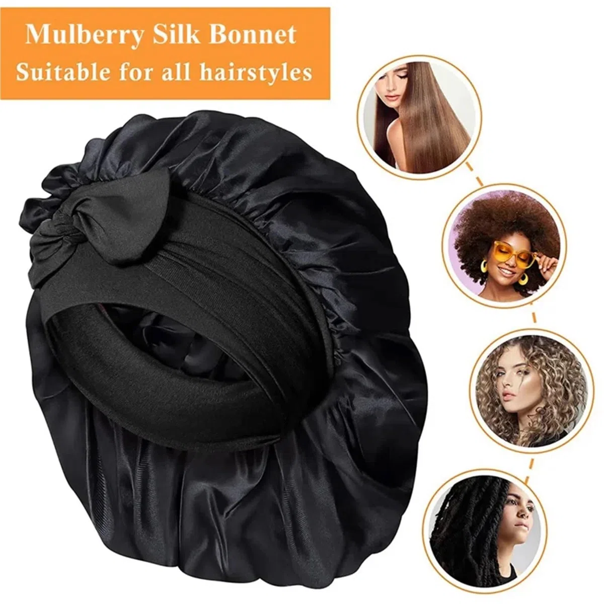 Seidenhaube Haarpflege Maulbeerseide-Schlafmütze for Frauen, große Schlafmütze mit breitem elastischem Bindeband for lockige Dreadlock-Zopf-Haarpflege(Black)