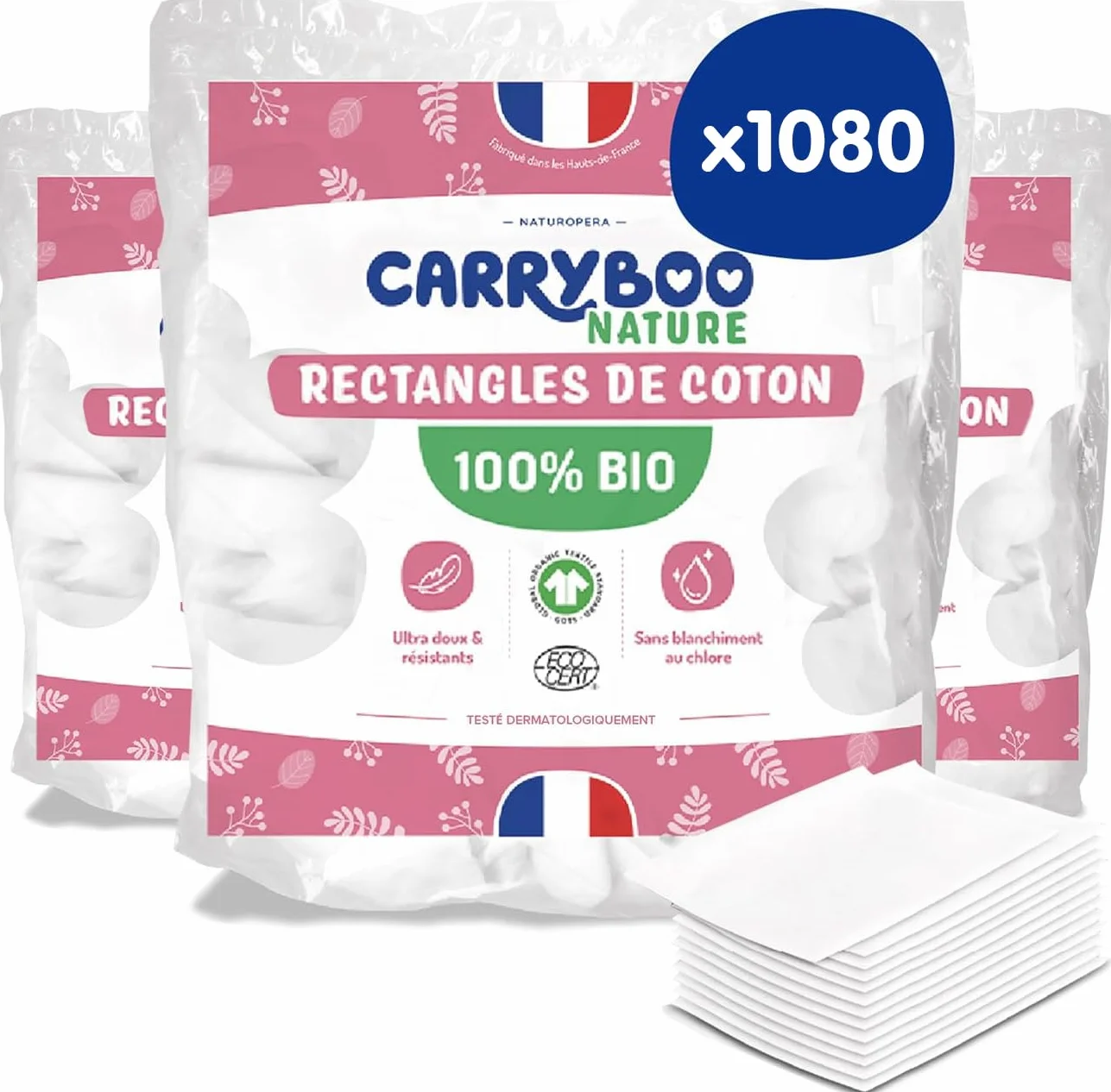 CARRYBOO - Quadratische Baby-Baumwolle – 100% Bio – für normale & empfindliche Haut – 6 Stück – ultraweich & strapazierfähig – hypoallergen – ohne Chlor gebleicht – für die ganze Familie – Packung