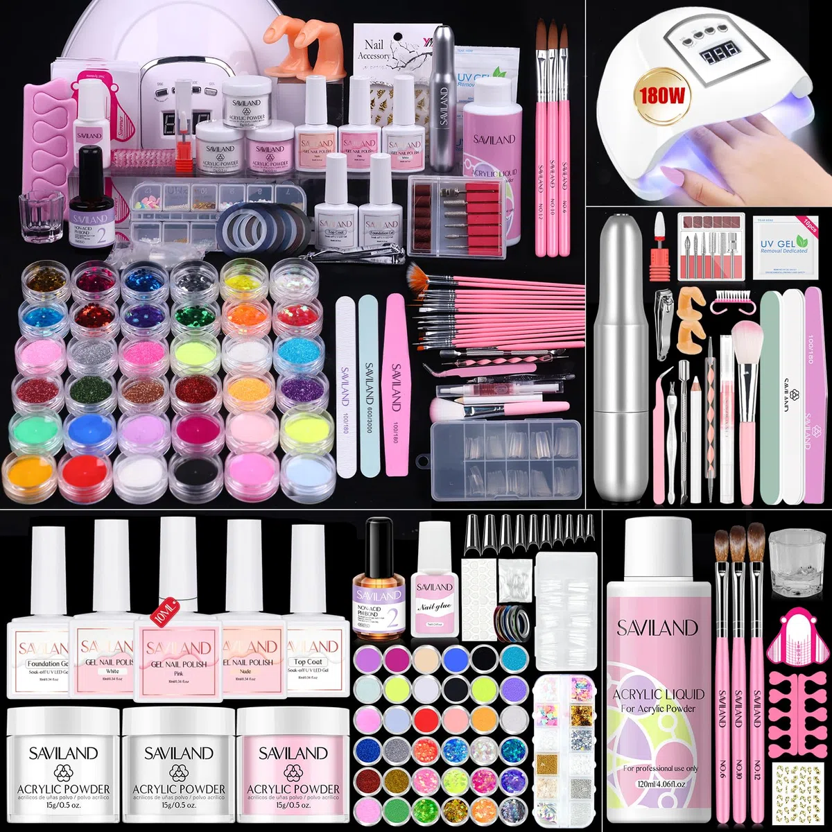 Saviland Acryl Nagelset für Anfänger mit Keratin Acrylpulver, Rizinusöl & Vitamin E Gel Nagellack/Primer/180W Nagellampe/Nagelfeile – Komplettes Set mit allem Zubehör für den Start zu Hause