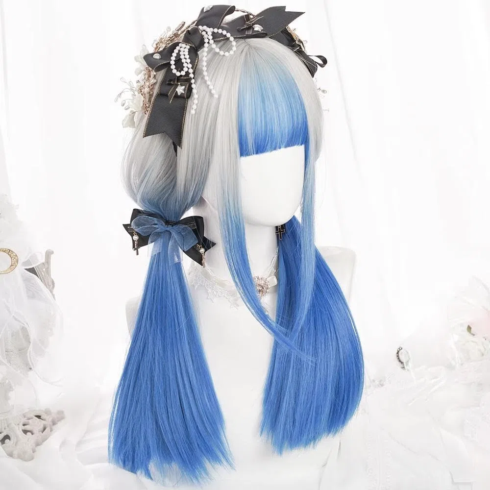 Haarpflege Hitzebeständige Blaue Lange Gerade Damenperücke Mit Pony Für Die Tägliche Cosplay-Party