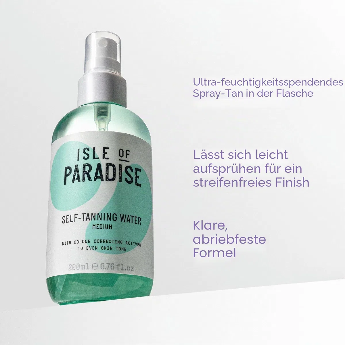 Isle of Paradise Selbstbräunungswasser feuchtigkeitsspendend, natürliche Inhaltsstoffe, vegan, 200 ml, Medium