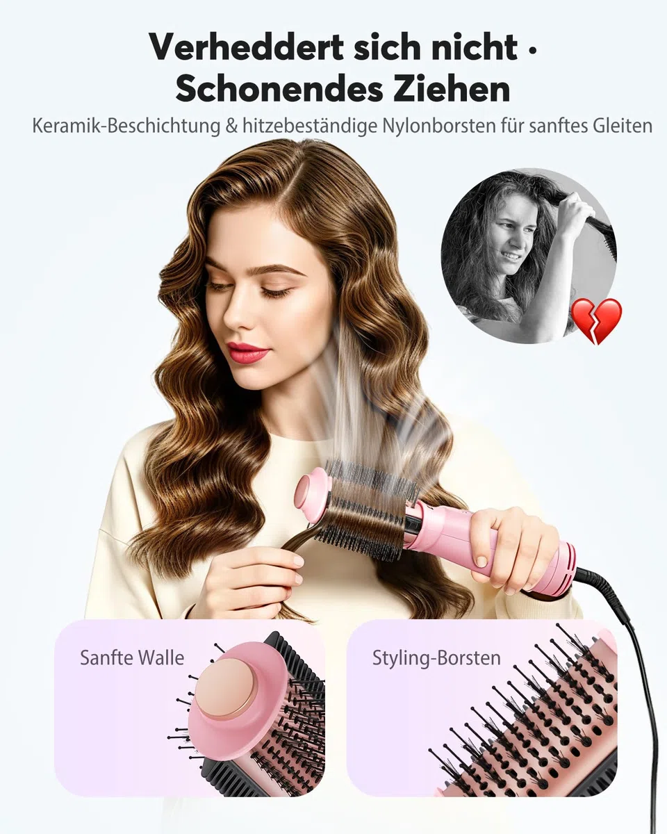 Bopcal Mini Warmluftbürste 4-in-1 Ionen Föhnbürste Heißluftbürste für Volumen & Glatte Haare, Anti-Frizz Rundbürstenföhn, Tragbar mit Dualspannung für Reisen, 3 Temperaturstufen, SM-6129 101