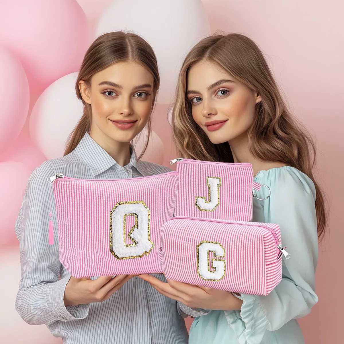 Kosmetiktasche mit Initiale, personalisierbar, Make-up-Tasche, Reise-Kulturbeutel für Mutter, Freundin, Ehefrau, Lehrer, Geburtstagsgeschenk für Frauen, Hautpflege für Mädchen, Pink, Größe S