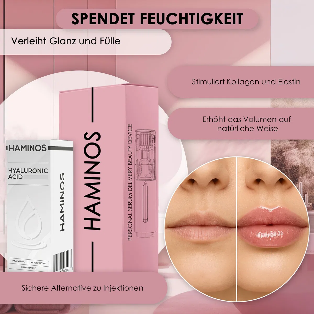 HAMINOS Derma Roller 0,25 mm mit Hyaluronsäure Serum, Microneedle Roller mit Reservoir, Lippenpflege Applikator