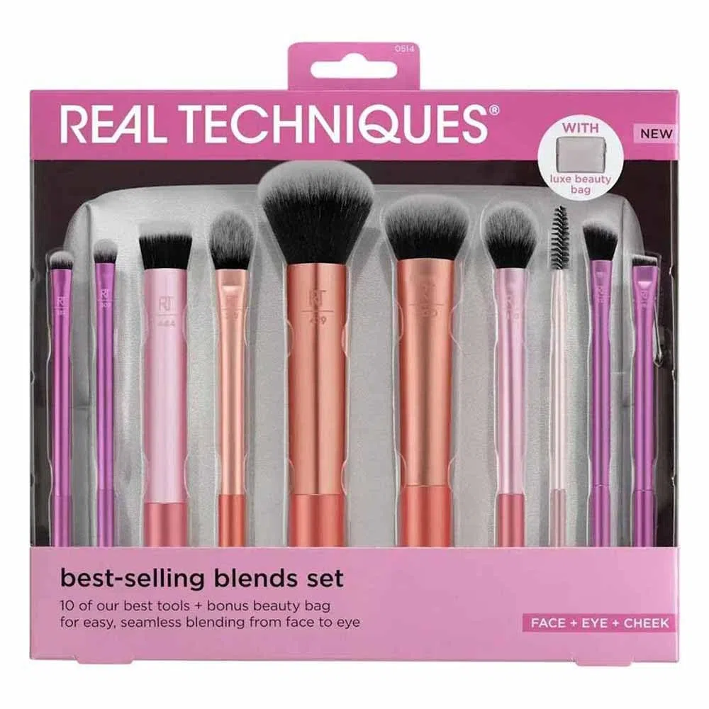 Real Techniques Blends Set 10-Piece Makeup Brush Collection with Beauty Bag for Face and Eye, Vegan, Cruelty-Free